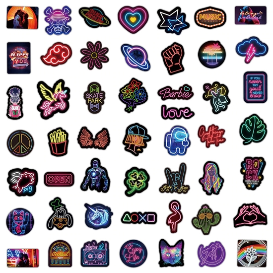 50 Neon Light Effect Cartoon Creative Motorcycle Computer Skateboard Luggage Waterproof Graffiti Stickers - 